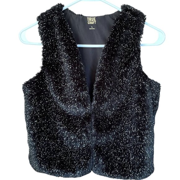 True Craft Girls Faux Youth Fur Vest Size L Black Silver Metallic Party Glam - Picture 1 of 6